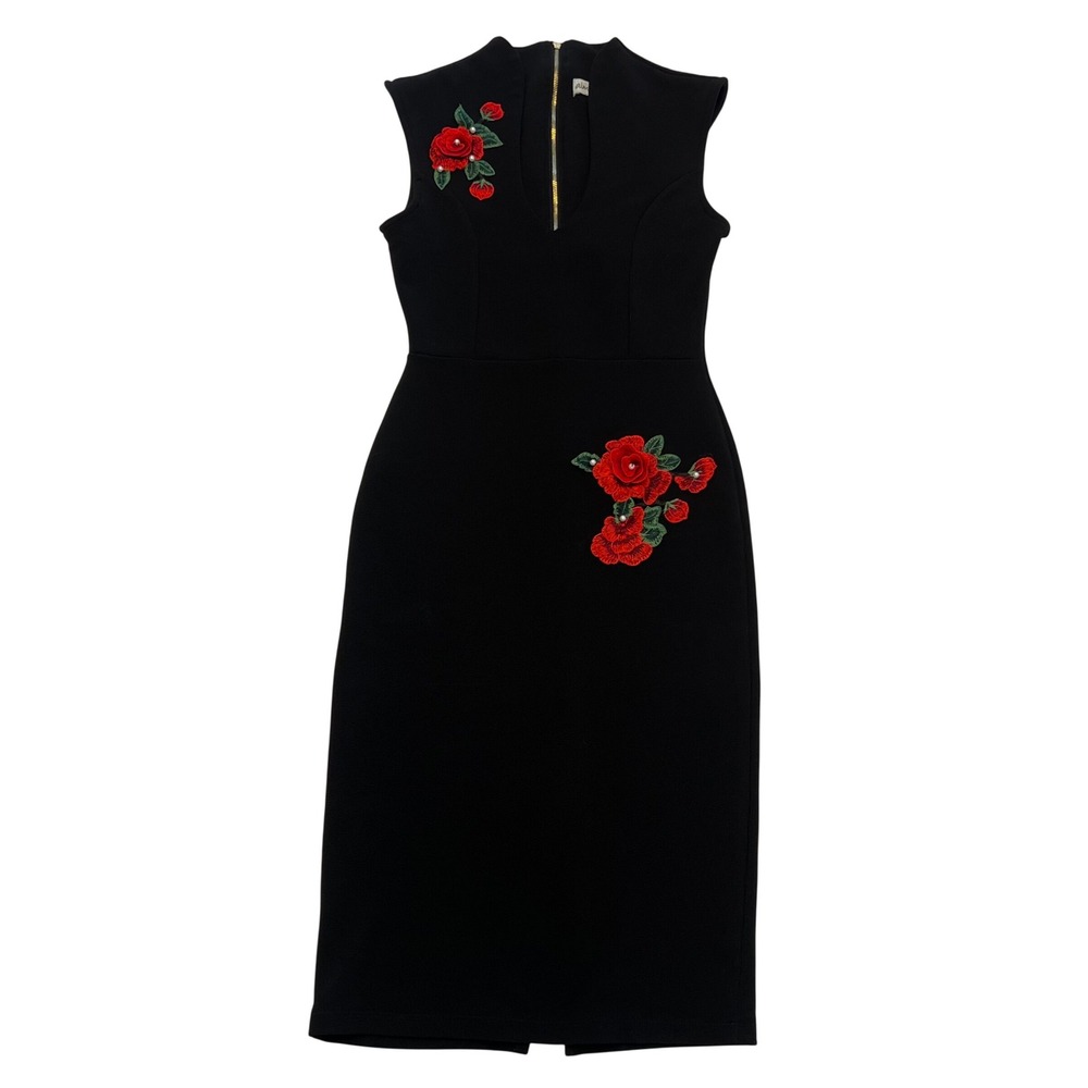 Almost Famous Black Floral Rose Embroidered Sleeveless Deep V Bodycon Dress S